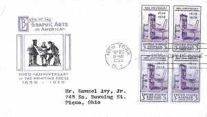 #857 FDC, 3c Colonial Printing 300th, Ioor cachet, block of 4