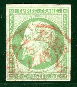 FRANCE Classic Scott.13b 5c Pale Green NAPOLEON Used SUPERB RED CDS SGREEN59