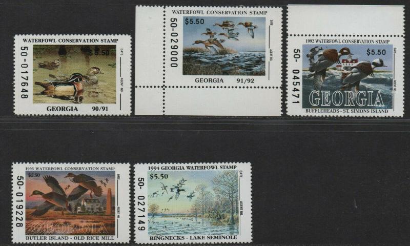 $US State Duck Stamps, Georgia Sc#6-10 M/NH/VF, complete set, Cv. $63.50