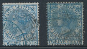 Straits Settlement 1867 SG 15 & 15a TWELVE CENTS Blue & Ultra USED WMK CROWN CC