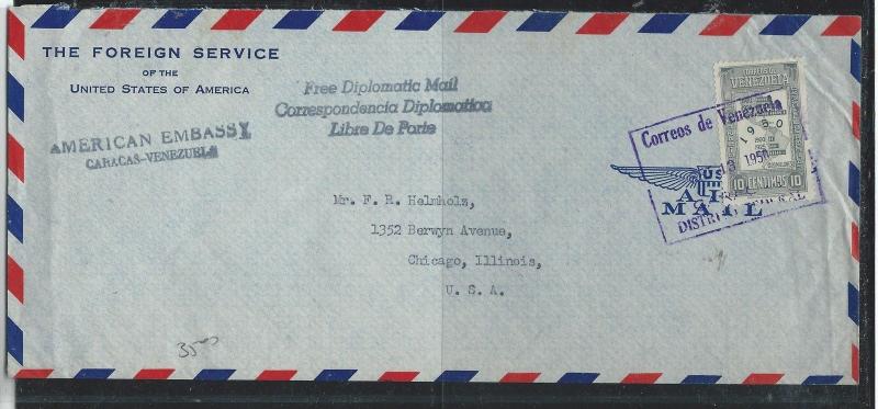 VENEZUELA (P2912B) 1950 10C MAP ON FREE DIPLOMATIC MAIL AMERICAN EMBASSY