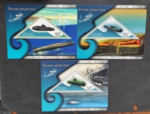 Madagascar, 3 souvenir sheets with pictures of submarines, MNH, issued 2015.