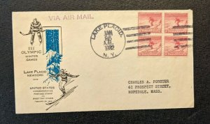 1932 Olympic Games Lake Placid NY FDC 716 15 Airmail Cover to Hopedale MA