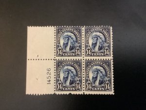 US #565 MNH F Block of 4 with plate number 14-cent American Indian