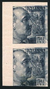 Spain #699P, 1939-40 Franco, 50c indigo, imperf. vertical pair, printed on bo...