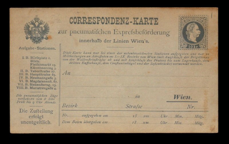 Austria 1870s 10KR Pneumatic Express Postal Card Unused - L11305