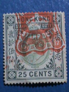 ​HONG KONG-CHINA-1903 OVER 118 YEARS OLD-HONG KONG $0.25C DUTY STAMPS VF