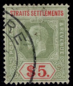 MALAYSIA - Straits GV SG212, $5 green & red/green WHITE BACK, USED. Cat £75.