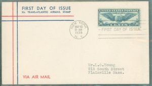 US C24 (1939) 30c wing (single) on an addressed(typed) First Day cover with a Washington stamp service cachet