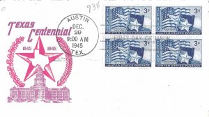 1945 FDC, #938, 3c Texas Statehood, CC/Boll, block of 4