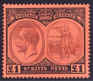 ST. KITTS-NEVIS #36 Mint - 1922 £1 Black & Violet / Red