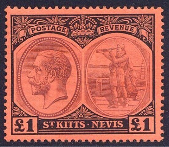 ST. KITTS-NEVIS #36 Mint - 1922 £1 Black & Violet / Red