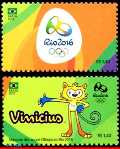 3318-A+AD BRAZIL 2015 OLYMPIC GAMES, RIO 2016, EMBLEM AND MASCOT, MNH