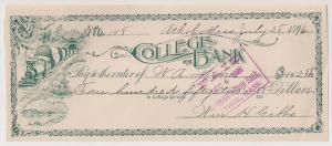 BUSINESS COLLEGE CHECK: College Bank Athol Mass 1896 Unusual