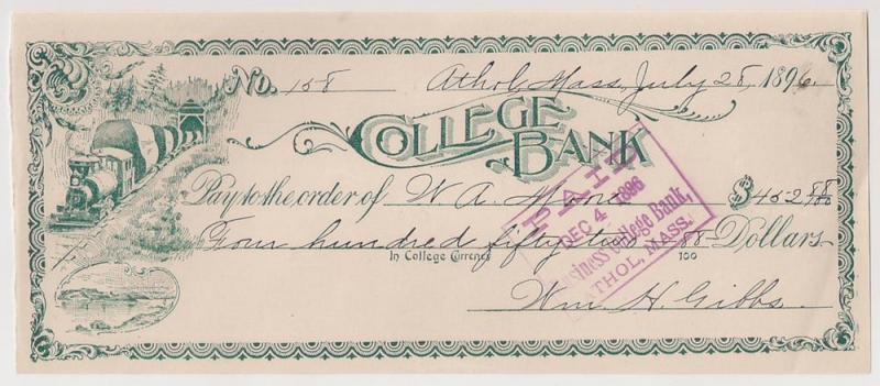 BUSINESS COLLEGE CHECK: College Bank Athol Mass 1896 Unusual