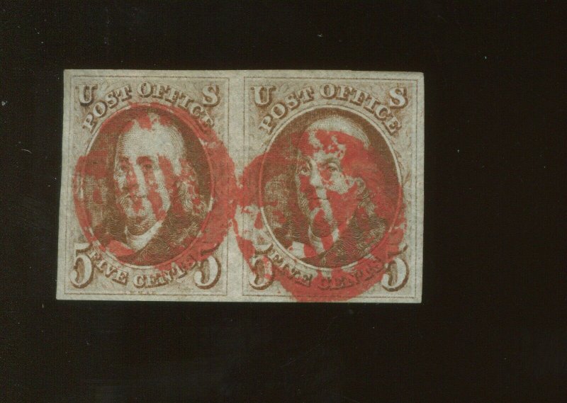 1 Franklin Used Pair with Blood Red Grid Cancels Graded XF90 PF Cert (Bz 440) 