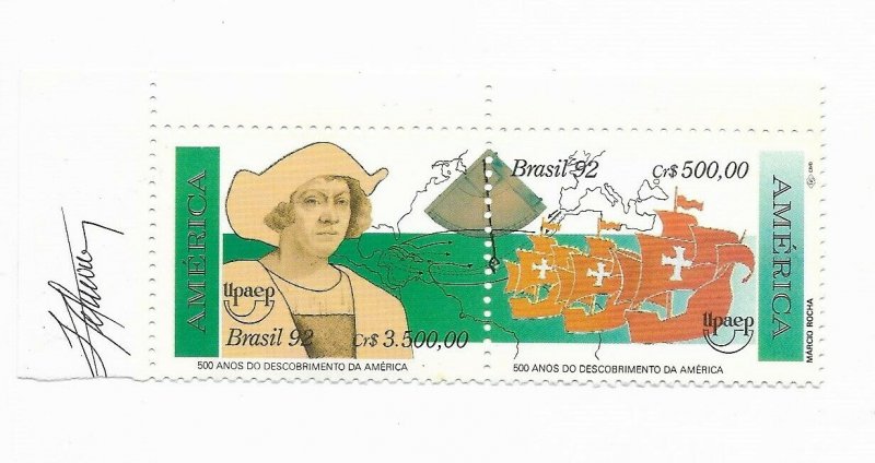 BRAZIL 1991 500TH ANNIV OF DISCOVERY OF AMERICA COLOMBUS SHIPS PAIR MNH 