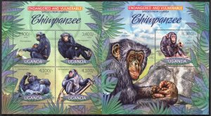 Uganda 2012 Monkeys Chimpanzee sheet + S/S MNH