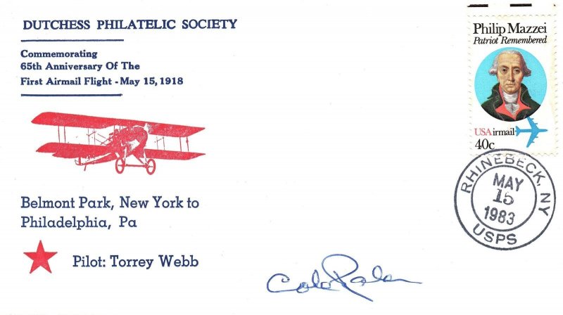 US EVENT CACHET COVER 65th ANNIVERSARY OF THE FRIST AIRMAIL FLIGHT (1918) SIGNED