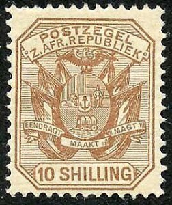 Transvaal SG212a 10/- Pale chestnut M/M (hinge remainders) Cat 24 pounds