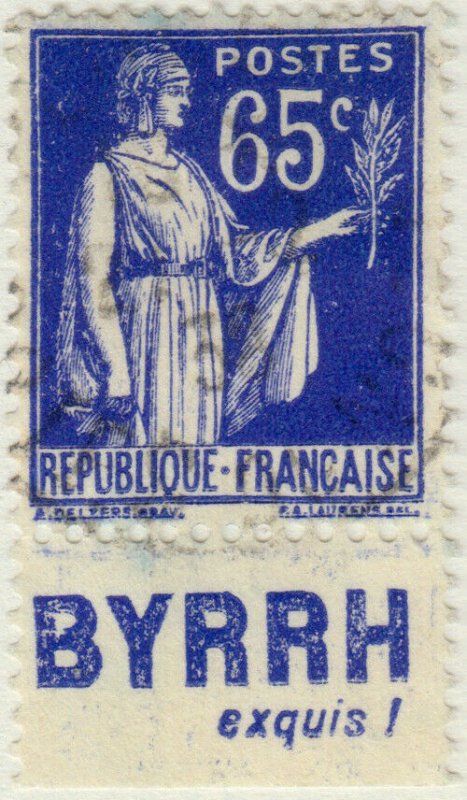 FRANCE - 1937 Pub BYRRH (exquis!) inférieure sur Yv.365b 65c Paix - obl. TB
