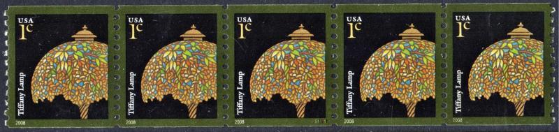 SC#3758A 1¢ Tiffany Lamp Plate Strip of Five: #S11111 (2008) MNH