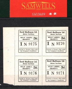 GB Scotland DAVID MACBRAYNE Parcel MILK LABEL 3d Stamp BLOCK FOUR Mint UM SS2689