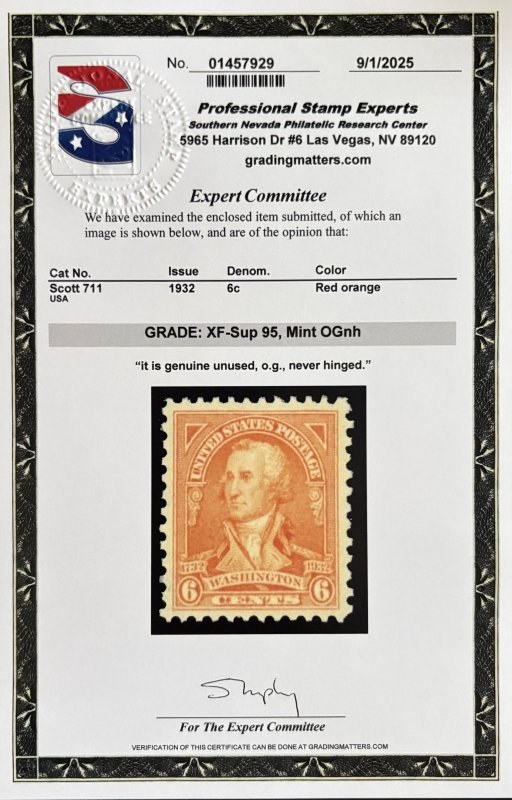 US #711 MINT OG NH XF/Superb w/PSE Cert graded 95