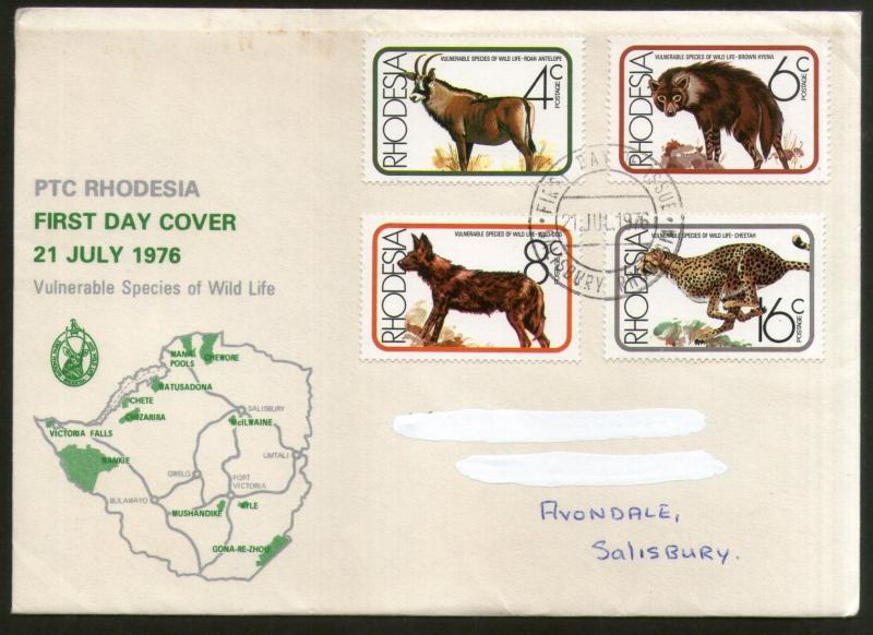 Rhodesia 1976 Wildlife Protection Animals Antelope Dog Hyena Map FDC # 8134