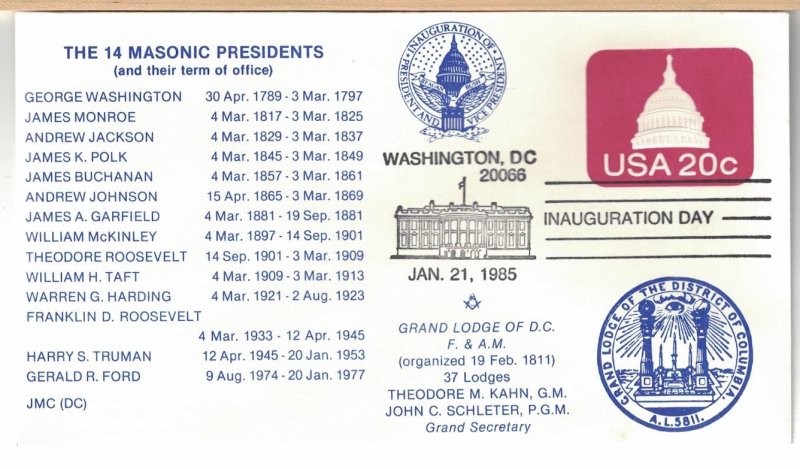 Jan 20 1985 Inauguration Covers (2), Ronald Reagan, Masonic cachet