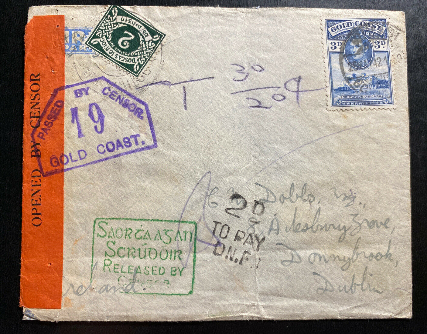 1942 Gold Coast Airmail Censored Cover To Dublin Ireland Postage Due