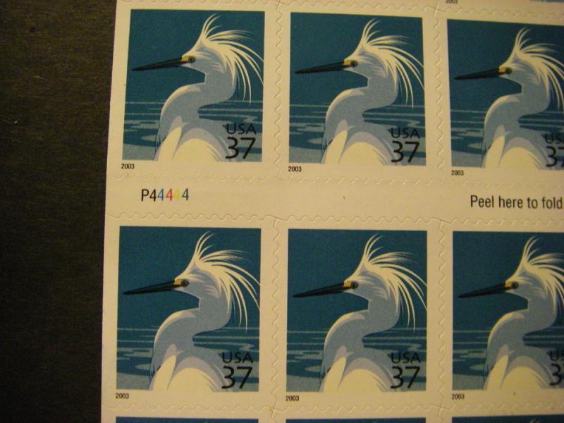 Scott 3830De, 37c Egret, Pane of 20, #P44444, MNH Booklet Beauty, CV $110