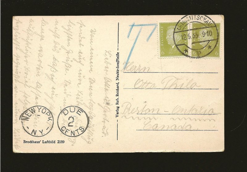 Germany 369 Pair on Postmarked 1933 with New York NY Postage Due Stamp Postcard