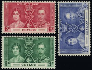 Ceylon #275-277 Coronation Issue Postage Stamps British Commonwealth 1937 MLH