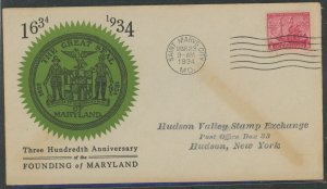 US 736 (1934) 3c founding of Maryland/300th anniversary (single) on an addressed first day cover with a unprint cachet