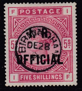 SG O9b 5/- rose IR official, overprinted in blue-black with crisp upright... 