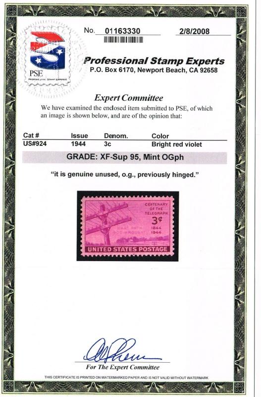 STUNNING GENUINE SCOTT #924 XF-SUP MINT OG XLH PSE CERT GRADED 95 - PRICED RIGHT