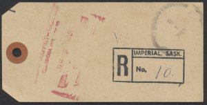 1985 Registered CP Parcel Tag, Imperial SASK to Mississauga Ont, Franking?