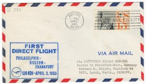 United States 1965 Cover Stamps First Flight Boston Frankfurt Germany Lufthansa