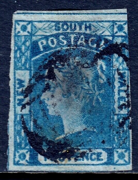 NEW SOUTH WALES — SCOTT 14 (SG 54) — 1851 2d QV BLUE PLATE 1 — USED — SCV $60