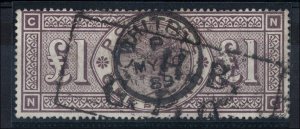 GB 1884 £1 orbs sg186 fine used cds + neat box cancel, rich colour