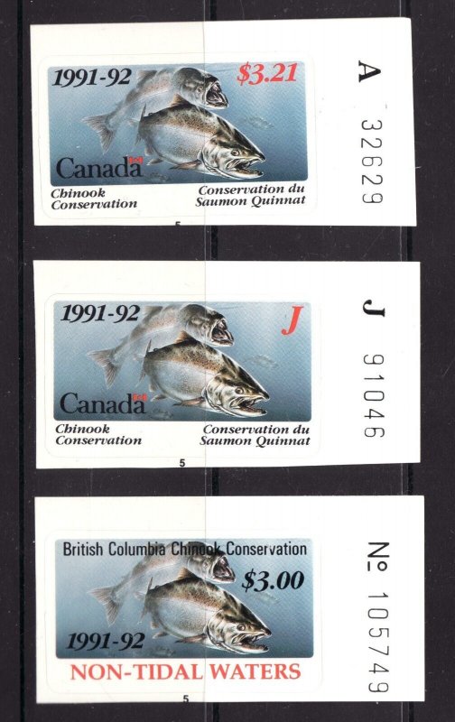 1991-92 British Columbia Chinook Conservation Stamps - Junior, Adult & Non Tidal