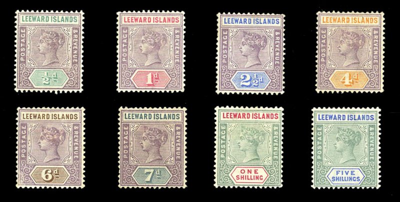 Leeward Islands #1-8 Cat$228, 1890 Victoria, 1/2p-5sh, hinged, 6p creased, 5s...