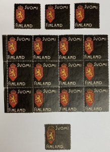 Finland, 1900 Mourning Stamp, Private Issue, Lot of 16 Stamps, Cinderella Labels