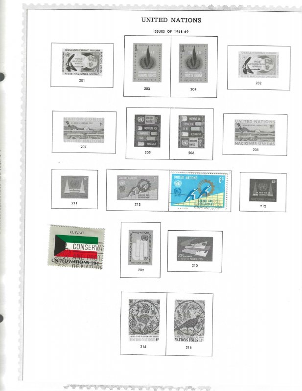 United Nations 15 different stamps (5 doubles), 5 Minkus pages to 1970