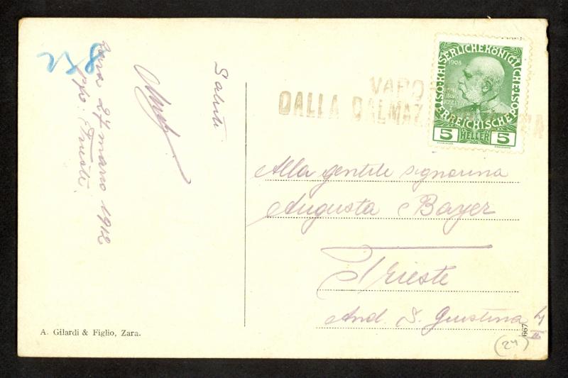 AUSTRIA MARITIME MAIL LINEA MERCI DELLA DALMATIA 1912 HOTEL BRISTOL ZARA PC