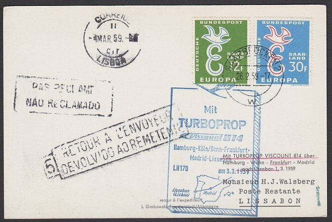 GERMANY 1959 Postcard first flight to Lisbon Portugal - unclaimed marks.....F984