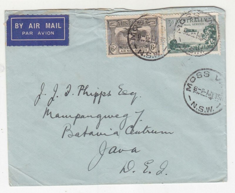 AUSTRALIA, 1935 Airmail cover, Moss Vale, NSW to Neth. East Indies, 3d.. & 6d.