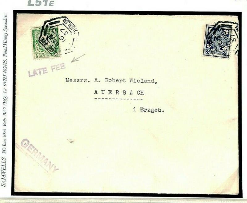 EIRE Ireland Cover 1937 Dublin Halfpenny *LATE FEE* Violet Postmark Hexagon L51e