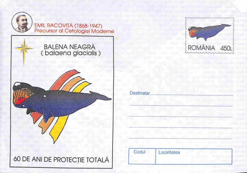 Romania PSE prepaid envelope 1997 set of 5, whale hunting whaling whales